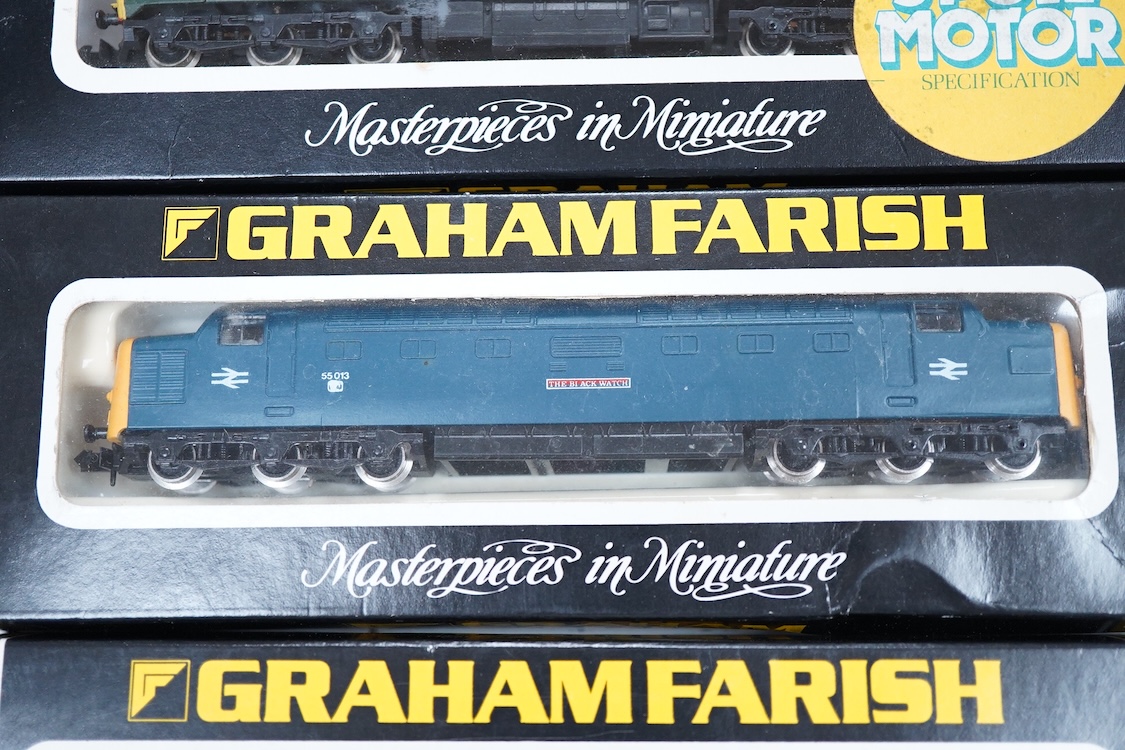 Four boxed Graham Farish N gauge railway diesel locomotives; a BR class 50, Sir Edward Elgar 50007 (8406), a BR class 52, Western Courier D1062 (8426), a BR class 55, The Black Watch 55013, (8415) and a Porterbrook class